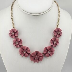 Flower Statement Necklace Pink Floral Rhinestone Gold Chain Adjustable‎